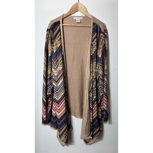 Outlander Cardigan Sweater Womens Large Brown Blue Faux Suede Chevron Open Front